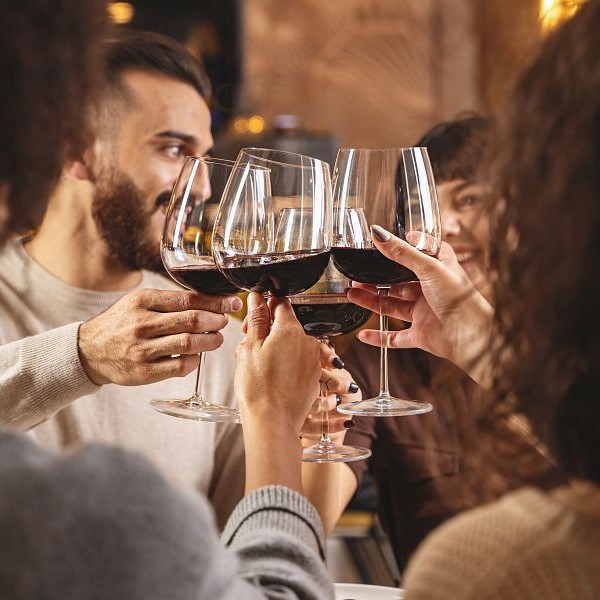 Group of young friends toasting with red wine for celebration at restaurant - young adults clinking raising wineglasses - people friendship and lifestyle concept