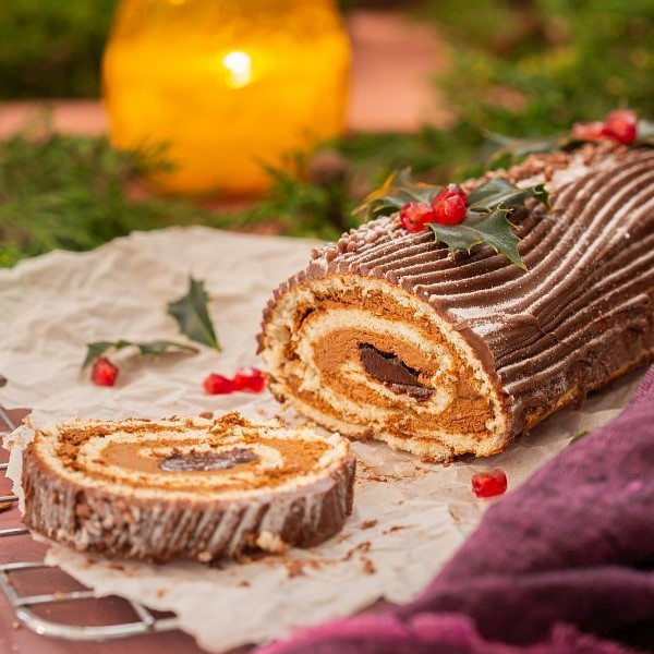 Traditional Christmas cake, chocolate Yule log with festive decorations